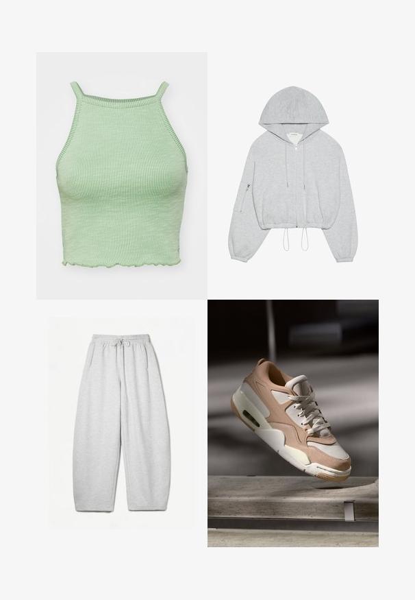 Gray cropped hoodie with a front zipper, drawstring at the hem, large hood, and zippered pocket on the left sleeve. Soft fabric texture.; Green ribbed crop top with thin straps, featuring a scalloped hem and a textured fabric. No prominent hardware or patterns.; Light grey sweatpants with a relaxed fit, elastic waistband, drawstring, and side pockets; made from soft, textured fabric.; Beige and white sneaker with a smooth leather and suede finish, featuring a padded tongue, lace-up front, and visible air cushioning unit.