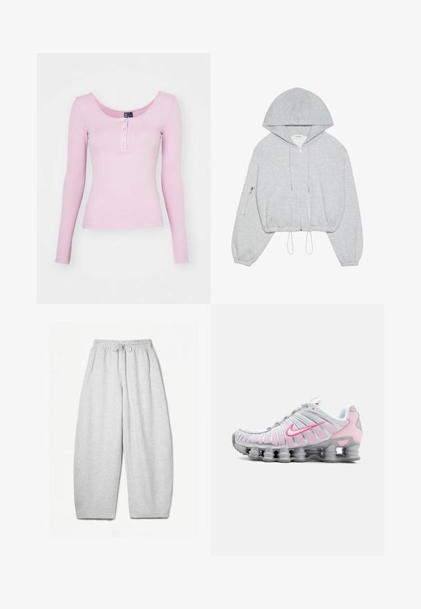 Siva skraćena kapuljača s prednjim patentnim zatvaračem, vezicom na rubu, velikom kapuljačom i patentnim džepom na lijevom rukavu. Mekani tekstil.; Roza rebrasta majica dugih rukava s izrezom u obliku kruške i pet dugmadi na prednjem dijelu. Glatka tekstura s pripijenim dizajnom.; Svijetlosivi dukserica s opuštenim krojem, elastičnim pojasom, vezicom i bočnim džepovima; izrađeni od mekanog, teksturiranog materijala.; Nike atletska obuća u bijeloj i svijetlosmešanoj boji. Ima mrežasti gornji dio i karakterističnu zakrivljenu potplat s vidljivim zračnim jastučićima.