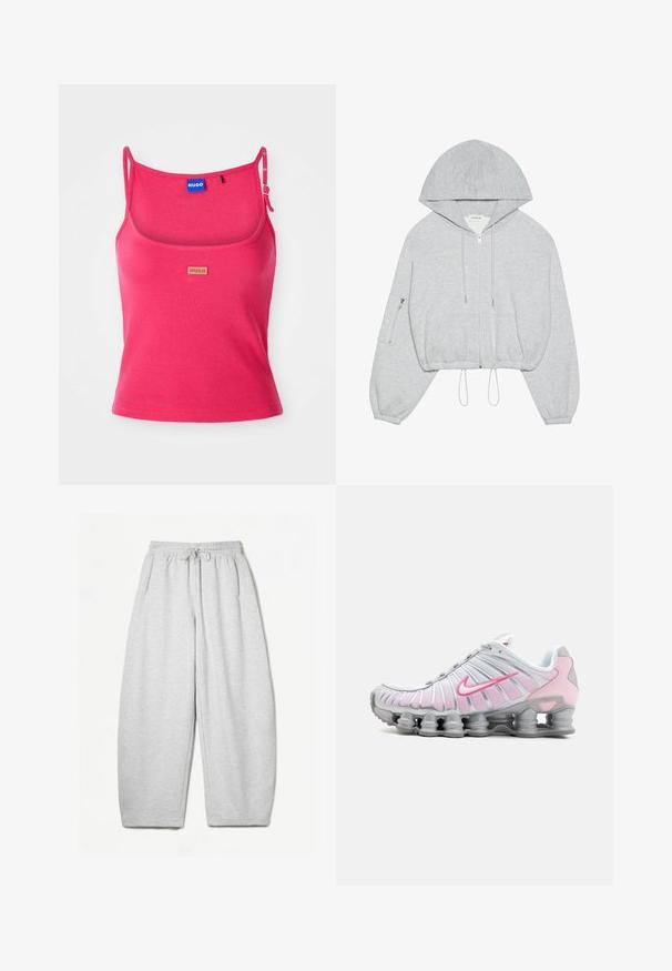 Grijze cropped hoodie met een rits aan de voorkant, trekkoord aan de onderkant, grote capuchon en een ritszak op de linkermouw. Zachte stoftextuur.; Aansluitend roze tanktop van ribbelstof. Beschikt over verstelbare banden en een klein bruin logotag aan de voorkant. Gladde textuur.; Lichtgrijze sweatpants met een ontspannen pasvorm, elastische tailleband, trekkoord en zijzakken; gemaakt van zachte, gestructureerde stof.; Nike hardloopschoen in wit en lichtroze. Bevat een bovenwerk van mesh en een kenmerkende gebogen zool met zichtbare luchtvering.