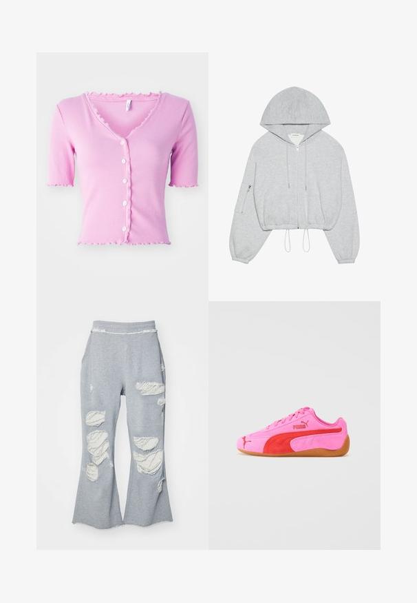 Grijze cropped hoodie met een rits aan de voorkant, trekkoord aan de onderkant, grote capuchon en een ritszak op de linkermouw. Zachte stoftextuur.; Roze geribbelde cardigan met korte mouwen en een V-hals, voorzien van vijf witte knopen en een gegolfde rand langs de halslijn en mouwen.; Grijze sweatpants met een uitlopende broekspijpen ontwerp, voorzien van meerdere versleten patches die lichter stof blootstellen. Elastische tailleband voor comfort.; Roze suède sportieve schoen met rode accenten, een rubberen zool en kenmerkende logodetails. Heeft een ronde neus en een vetersluiting.
