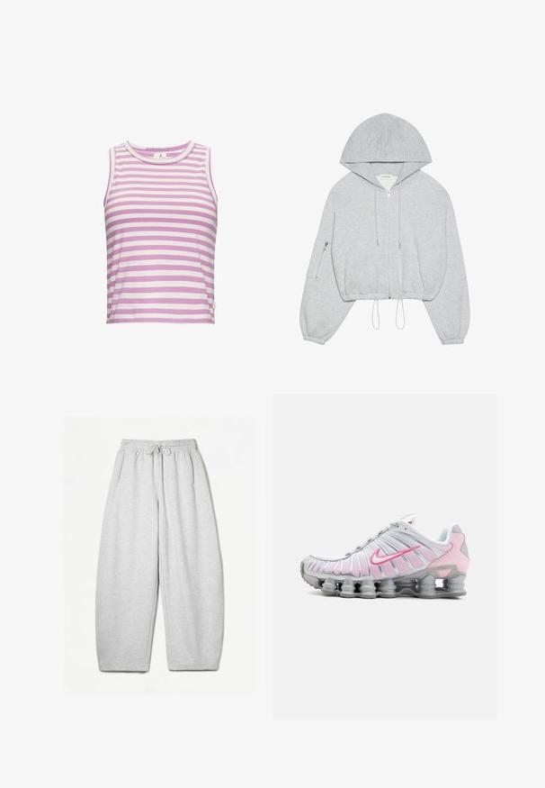 šedá zkrácená mikina s předním zipem, stahovací šňůrka v dolní části, velká kapuce a kapsa se zipem na levém rukávu. Měkký jemný materiál.; Fialovo-bílý pruhovaný bezrukávový crop top, vyrobený z měkké látky, s kulatým výstřihem a vyšitou nášivkou na boku.; Šedé tepláky s uvolněným střihem, elastickým pasem, šňůrkou a bočními kapsami; vyrobeny z měkké, strukturované tkaniny.; Sportovní obuv Nike v bílé a světle růžové barvě. Má síťovaný svršek a charakteristickou zakřivenou podrážku s viditelným vzduchovým polstrováním.