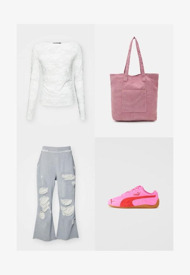 Grå cropped hettegenser med frontglidelås, snor i kanten, stor hette og glidelompe på venstre erme. Myk tekstur.; Langermet hvit topp laget av teksturert stoff med blomsterlacemønstre og utringet nakke, tettsittende form som fremhever silhuetten.; Grå joggebukser med en utsvingt ben-design, og flere slitte lapper som viser lysere stoff. Elastisk liv for komfort.; Rosa semsketid idrettssko med røde detaljer, gummisåle og signaturlogo. Har en rund tå og snøring.; Lys rosa kordfløyels totebag med to lange håndtak, med en frontlomme og subtil ribbet tekstur. Glatt innside.