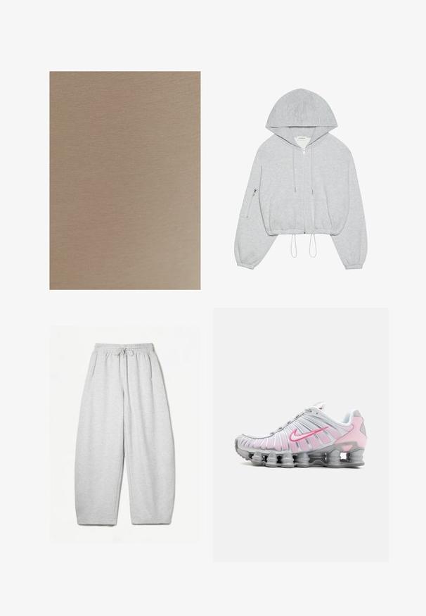 Grijze cropped hoodie met een rits aan de voorkant, trekkoord aan de onderkant, grote capuchon en een ritszak op de linkermouw. Zachte stoftextuur.; OXXO STRETCH SQUARE NECK SINGLET - Top - cobblestone; Lichtgrijze sweatpants met een ontspannen pasvorm, elastische tailleband, trekkoord en zijzakken; gemaakt van zachte, gestructureerde stof.; Nike hardloopschoen in wit en lichtroze. Bevat een bovenwerk van mesh en een kenmerkende gebogen zool met zichtbare luchtvering.