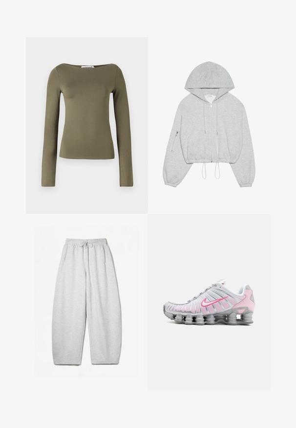 Gray cropped hoodie with a front zipper, drawstring at the hem, large hood, and zippered pocket on the left sleeve. Soft fabric texture.; Olive green long-sleeve top in a fitted design, made from a smooth, stretchy fabric with a wide neckline and minimal seams.; Light grey sweatpants with a relaxed fit, elastic waistband, drawstring, and side pockets; made from soft, textured fabric.; Nike athletic shoe in white and light pink. Features a mesh upper and distinctive curved sole with visible air cushioning.