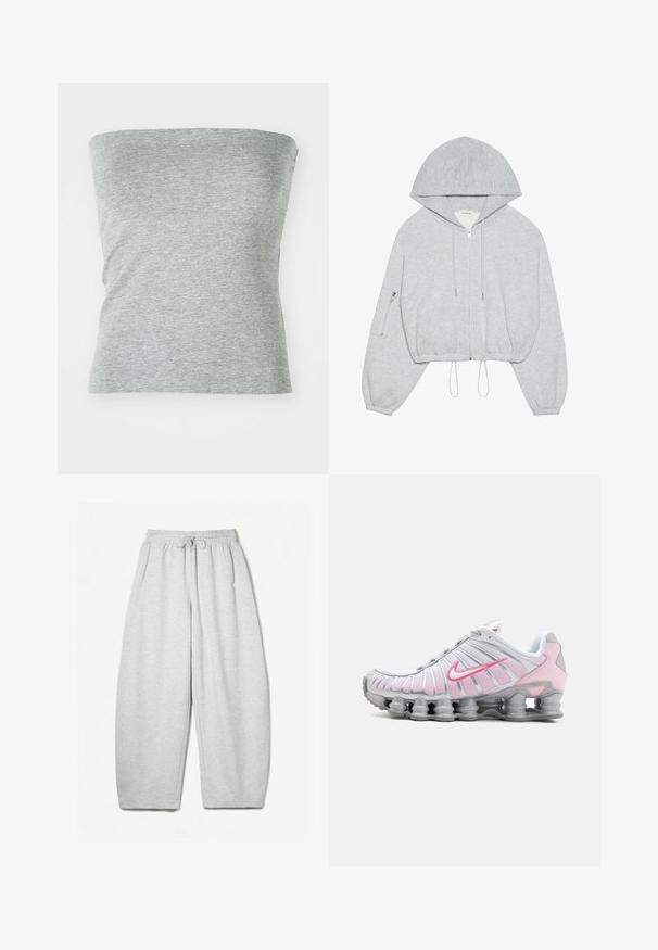 Gray cropped hoodie with a front zipper, drawstring at the hem, large hood, and zippered pocket on the left sleeve. Soft fabric texture.; Gray strapless top made of soft, stretchy fabric. Features a simple design with a smooth texture and no visible seams.; Light grey sweatpants with a relaxed fit, elastic waistband, drawstring, and side pockets; made from soft, textured fabric.; Nike athletic shoe in white and light pink. Features a mesh upper and distinctive curved sole with visible air cushioning.