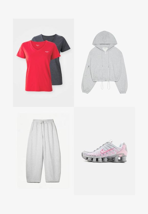Siva skrajšana kapuca s prednjim zadrgo, z vrvico na robu, velika kapuca in žep z zadrgo na levem rokavu. Mehek tekstilni občutek.; Dve v-neck majice: ena v svetlo rdeči barvi, druga v temno sivi. Narejene iz mehkega bombaža, z kratkimi rokavi in prilegajočim dizajnom.; Svijetlo sivi duksericasti donji dio s opuštenim krojem, elastičnim pojasom, vezicama i bočnim džepovima; izrađen od mekanog, teksturiranog materijala.; Nike atletski čevlj v beli in svetlo roza barvi. Ponuja mrežasto zgornji del in edinstven ukrivljen podplat z vidno zračnim blaženjem.