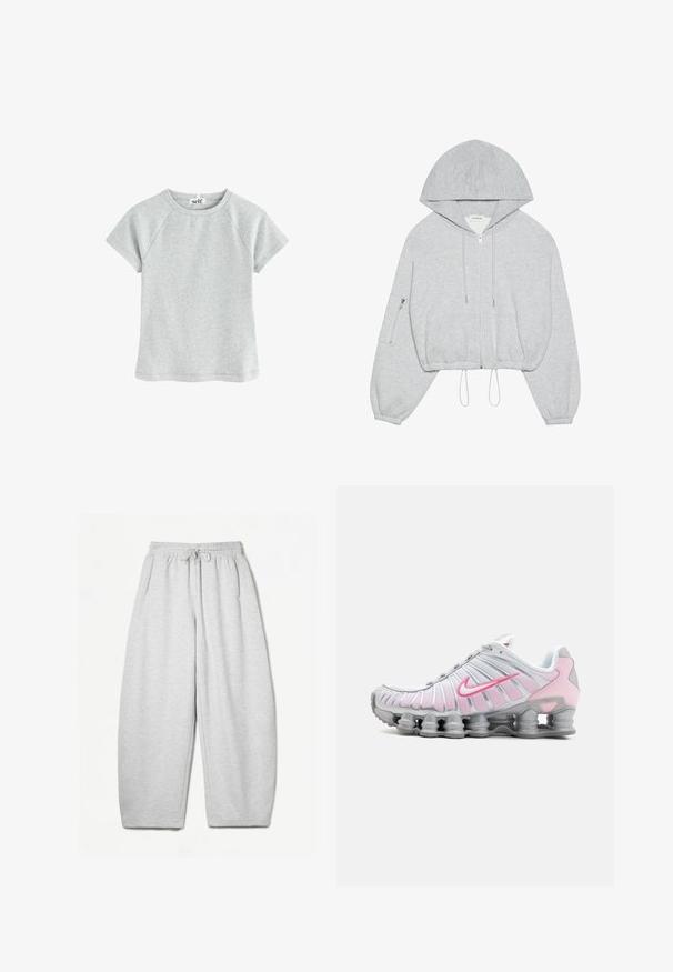 Hanorac scurt gri cu fermoar pe față, siret la margine, glugă mare și buzunar cu fermoar pe mâneca stângă. Textură moale a materialului.; Tricou scurt cu mânecă scurtă de un gri deschis, cu un guler rotund, realizat dintr-o țesătură texturată, având mâneci raglan și un tiv dreaptă.; Pantaloni de trening gri deschis, cu o croială lejeră, talie elastică, șnur și buzunare laterale; realizați dintr-un material moale, texturat.; Pantof de atletism Nike în alb și roz deschis. Prezintă un superior din plasă și o talpă curbată distinctivă cu amortizare de aer vizibilă.