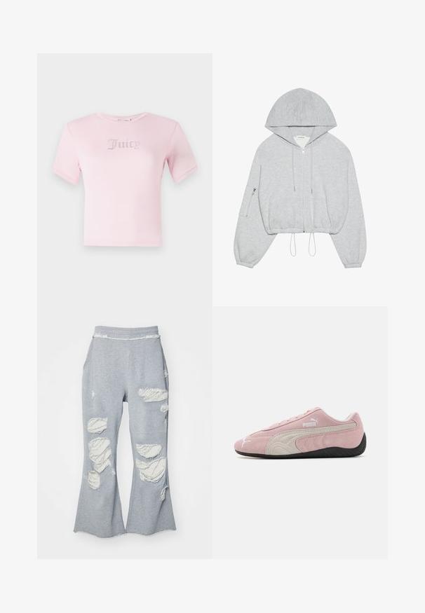 Pelēks īss krekls ar priekšējo rāvējslēdzēju, saites apakšmalā, liela kapuce un rāvējslēdzēja kabata uz kreisā piedurknes. Mīksta auduma tekstūra.; Rozā kokvilnas T-krekls ar īsām piedurknēm, kura krūtīs ir vārds "Juicy" izšūts ar rhinestone akmeņiem. Klasiska apaļa dekoltē un pieguļoša forma.; Pelēkie sporta bikses ar izplestu kāju dizainu, kuru virsmā ir vairāki nolietoti laukumi, atklājot gaišāku audumu. Elastīga josta ērtībai.; Rozā zamšādas sporta apavi ar pelēkiem akcentiem, plūstošs dizains, teksturēta virsma un melna gumijas zole. Sānos redzama Puma emblēma.