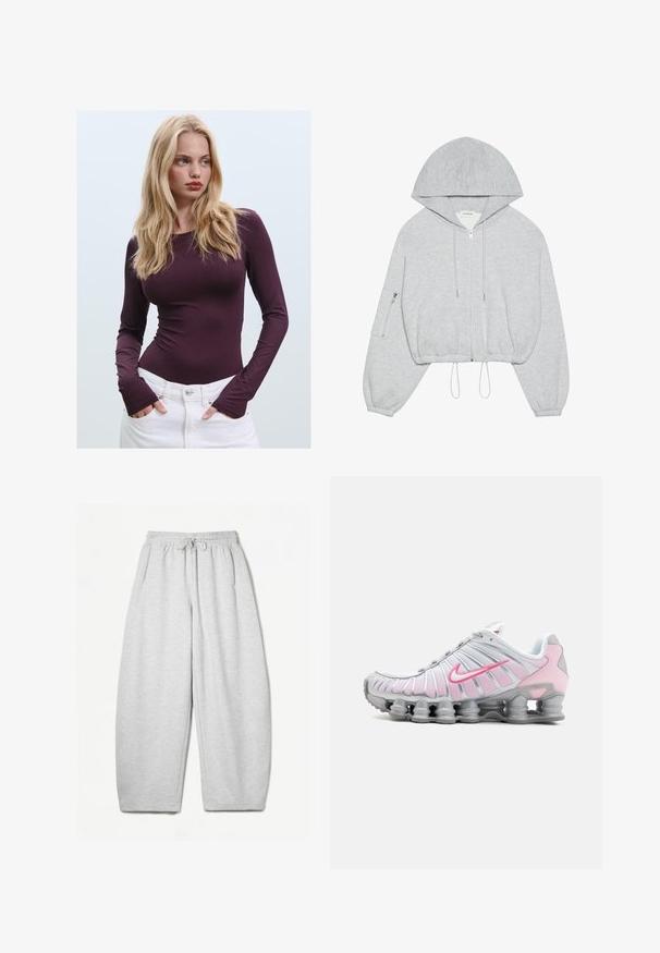 Szara, krótka bluza z kapturem, z zamkiem z przodu, ściągaczem u dołu, dużym kapturem i zamykaną na zamek kieszenią na lewym rękawie. Miękka tekstura materiału.; Bordowy, dopasowany top z długim rękawem i okrągłym dekoltem, z otworami na kciuki, zestawiony z białymi spodniami o wysokim stanie. Gładki materiał i elastyczna faktura.; Jasnoszare dresy o luźnym kroju, z elastycznym pasem, sznurkiem i bocznymi kieszeniami; wykonane z miękkiego, teksturowanego materiału.; Sportowe buty Nike w białym i jasnoróżowym kolorze. Posiadają siateczkową cholewkę oraz charakterystyczną zakrzywioną podeszwę z widoczną poduszką powietrzną.