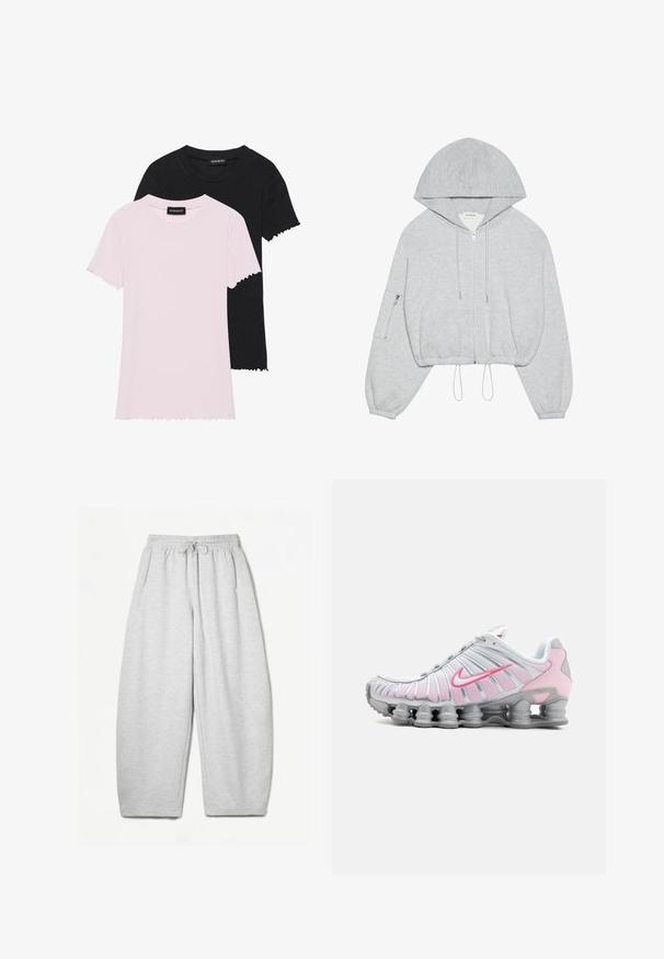 Grå kortärmad huvtröja med dragkedja fram, dragsko i nederkant, stor huva och dragkedja på vänster ärm. Mjuk textur.; Två T-shirts med kort ärm, en rosa och en svart, i ribbat tyg och med vågformade fållar, med rund halsringning och en synlig etikett.; Ljusgrå sweatpants med avslappnad passform, elastiskt midjeband, dragsko och sidofickor; tillverkade av mjukt, texturerat tyg.; Nike idrottssko i vitt och ljusrosa. Har en meshtopp och en distinkt böjd sula med synlig luftdämpning.