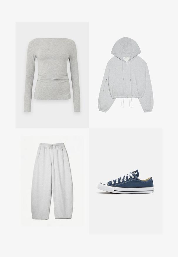 Sivá zastrihnutá mikina s predným zipsom, sťahovacou šnúrkou na dolnom okraji, veľkou kapucňou a zipsovou vreckom na ľavom rukáve. Mäkkučká textúra látky.; Sivý dlhý rukáv top z mäkkej, textúrnej látky. Má priliehavý strih so jemným nariasením v oblasti pása a štvorec výstrih.; Svetlošedé tepláky s voľným strihom, elastickým pásom, šnúrkou a bočnými vreckami; vyrobené z mäkkej, štruktúrovanej látky.; Plátené tenisky v námorníckej modrej farbe s bielymi očkami a šnúrkami, s bielym gumeným špicom a čiernym pruhom pozdĺž podrážky.