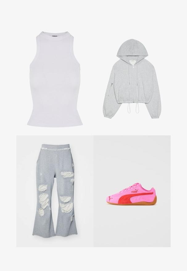 Hall moodi hall, millel on esifrontaalne lukustus, sääreni tõmbunööridega, suur kapuuts ja vasakul varrukal lukuga tasku. Pehme kangast tekstuur.; Valge ribadega tank ülikond, millel on kõrge kaelus, varrukateta disain, kehaehitus ja veidi laienev alläär, valmistatud elastsetest materjalidest.; Hallide gray spordipüksid, millel on laienev jalgade lõige ja mitmed kulunud laigud, mis paljastavad heledamat kangast. Mugavuse tagamiseks elastne vöökoht.; Roosa sametist sportlik king, millel on punased aksendid, kummist tallad ja allkiri logo detailid. Omab ümarat varbaosa ja sidumisdisaini.