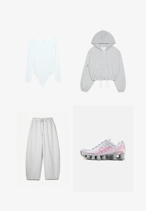 šedá zkrácená mikina s předním zipem, stahovací šňůrka v dolní části, velká kapuce a kapsa se zipem na levém rukávu. Měkký jemný materiál.; Bílé body s dlouhým rukávem a širokým výstřihem, vyrobené z měkkého, elastického materiálu, s přiléhavým střihem a vysokými vý cutovými otvory na nohách.; Šedé tepláky s uvolněným střihem, elastickým pasem, šňůrkou a bočními kapsami; vyrobeny z měkké, strukturované tkaniny.; Sportovní obuv Nike v bílé a světle růžové barvě. Má síťovaný svršek a charakteristickou zakřivenou podrážku s viditelným vzduchovým polstrováním.