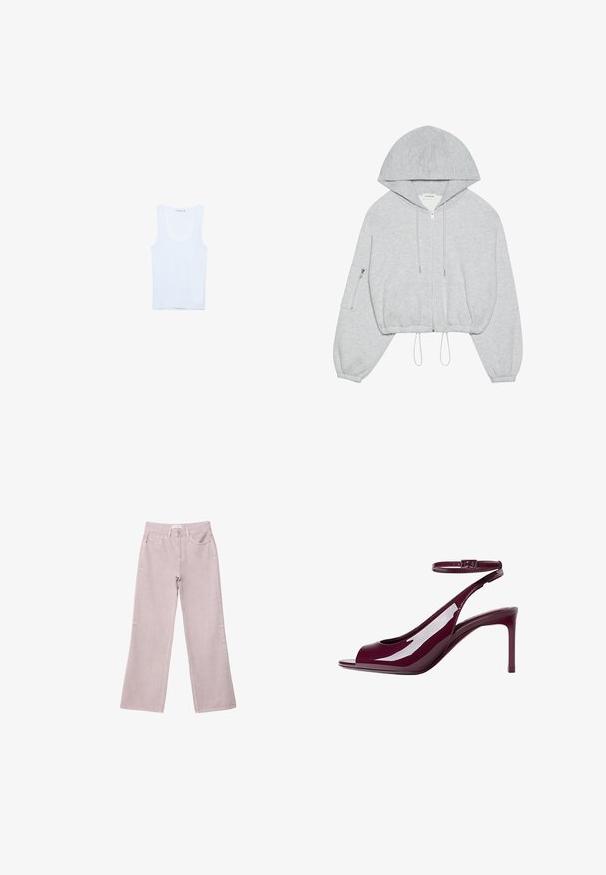 Felpa grigia corta con zip frontale, coulisse sull'orlo, cappuccio ampio e tasca con zip sulla manica sinistra. Tessuto morbido.; Canotta bianca in cotone, caratterizzata da un scollo rotondo e spalline larghe. Texture liscia, design senza maniche e silhouette aderente.; Jeans a gamba larga rosa chiaro in denim, con chiusura a zip, cinque tasche e dettagli di cucitura sottili.; Sandal alta in pelle verniciata color borgogna con punta scoperta, cinturino alla caviglia e silhouette slanciata. La finitura lucida ne esalta l'appeal visivo.