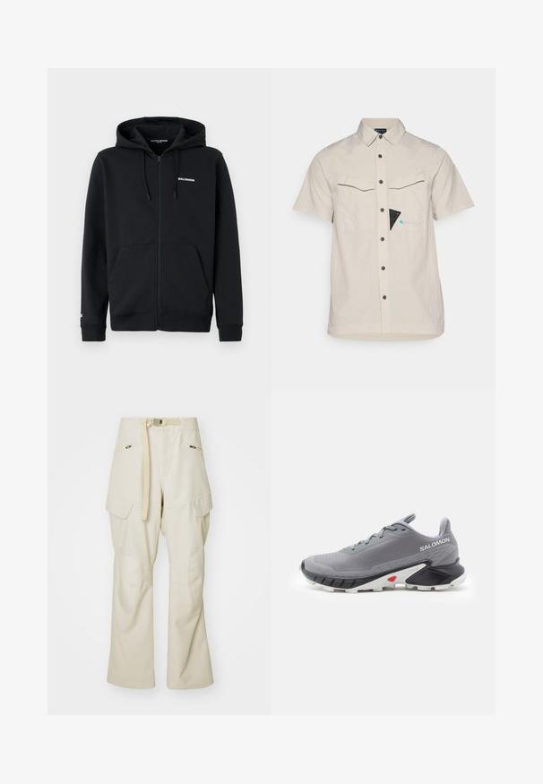 Fekete cipzáros kapucnis pulcsi puha anyagból, elülső cipzárral, két oldalsó zsebbel és húzózsinórral ellátott kapucnival. A mellkason "Salomon" logó található.; Rövid ujjú bézs ing, klasszikus gallérral, két elülső zsebbel, fekete gombokkal és egy háromszögletű kék-fekete díszítéssel a mellzseben.; Beige munkaruhák széles lábakkal, övvel, két oldalsó zsebbel és térdvédőkkel. Simán textúra megerősített varrási részletekkel.; Szürke futócipők texturált hálós felsőrésszel, fekete és fehér gumitalppal, valamint piros díszítéssel a saroknál. Fűzőkkel és támogató kialakítással rendelkezik.