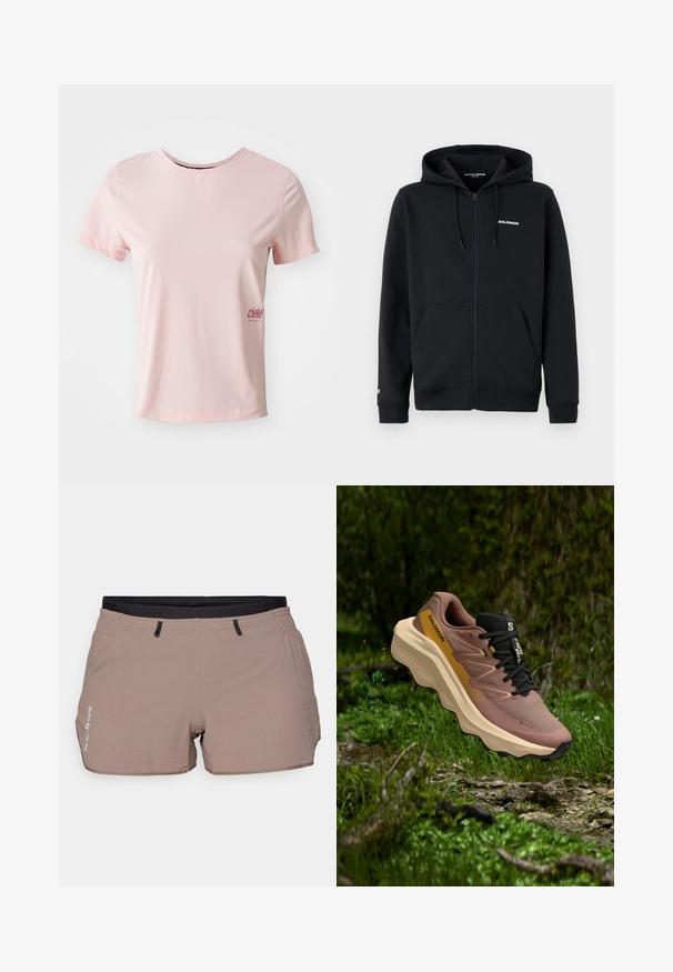Melnas zip-up kapuce veidotas no mīksta auduma, ar priekšējo rāvējslēdzēju, divām sānu kabatām un reglējamām kapucēm. "Salomon" logo uz krūšu.; Rozā īsām piedurknēm sporta t-krekls, kas izgatavots no gludas auduma ar apaļu kakla izgriezumu. Uz kreisās puses ir neliels logotips tumšāk rozā krāsā.; Beige šorti, kas izgatavoti no viegla materiāla, ar teksturētu rakstu, elastīgu jostu ar melniem akcentiem un divām sānu kabatām.; Salomon skriešanas apavi brūnā sietā ar melniem akcentiem, ar biezu krēma krāsas zoli un smalku zīmolu apdari sānos. Tekstūrēta virsma.