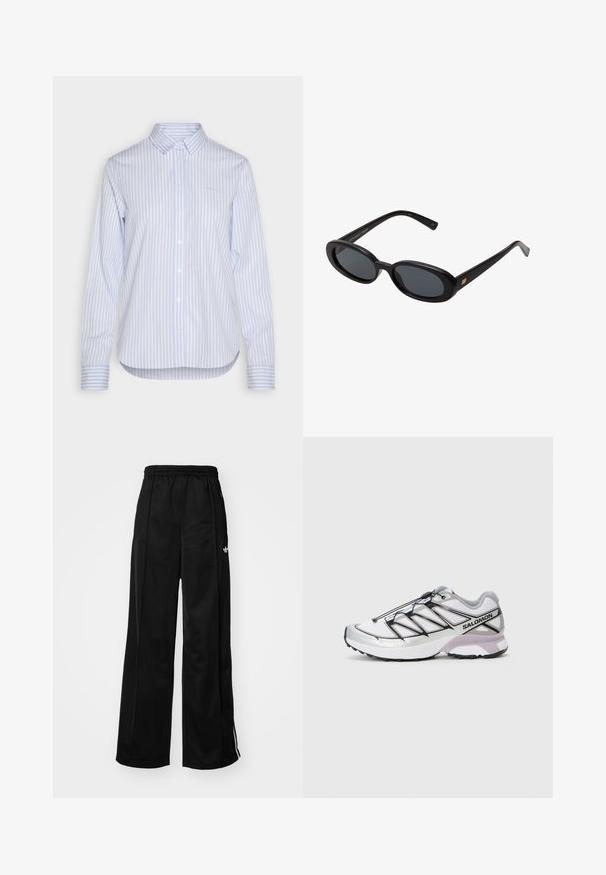 Szara bluza z kapturem na zamek, wykonana z miękkiego materiału, z dużym kapturem, długimi rękawami i przednimi kieszeniami. Luźny krój z ściągaczami przy rękawach i u dołu.; Jasnoniebieska i biała koszula z guzikami w paski, z klasycznym kołnierzykiem, długimi rękawami i zaokrąglonym dołem. Bawełnny materiał o gładkiej fakturze.; Czarne szerokie spodnie dresowe z elastycznym pasem, z białymi paskami po bokach i małym logo na lewym biodrze. Gładka tekstura materiału.; Buty do biegania z lekką, białą siateczką, srebrnymi akcentami i czarnym systemem sznurowania; posiadają teksturowaną podeszwę zapewniającą przyczepność.; Czarne, oversize okulary przeciwsłoneczne z owalnymi soczewkami, gładkim plastikowym mostkiem i złotymi akcentami na zausznikach. Ciemne soczewki zapewniają ochronę przed słońcem.
