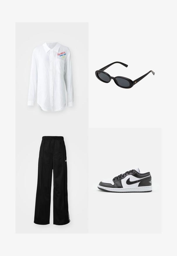 Grå zip-up hoodie, lavet af blød stof, har en stor hætte, lange ærmer og frontlommer. Løs pasform med ribbe iærmer og kant.; Hvid langærmet skjorte i hør med spids krave, knappelukning, venstre lomme og farverig broderet tekst på brystet.; Sorte brede træningsbukser med elastisk talje, prydet med hvide side-striber og et lille logo på venstre hofte. Glat stofstruktur.; Sorte og hvide Nike lavtoppede sneakers har en glat læderoverdel, rund tå, snørelukning og en mønstret gummisål.; Store store