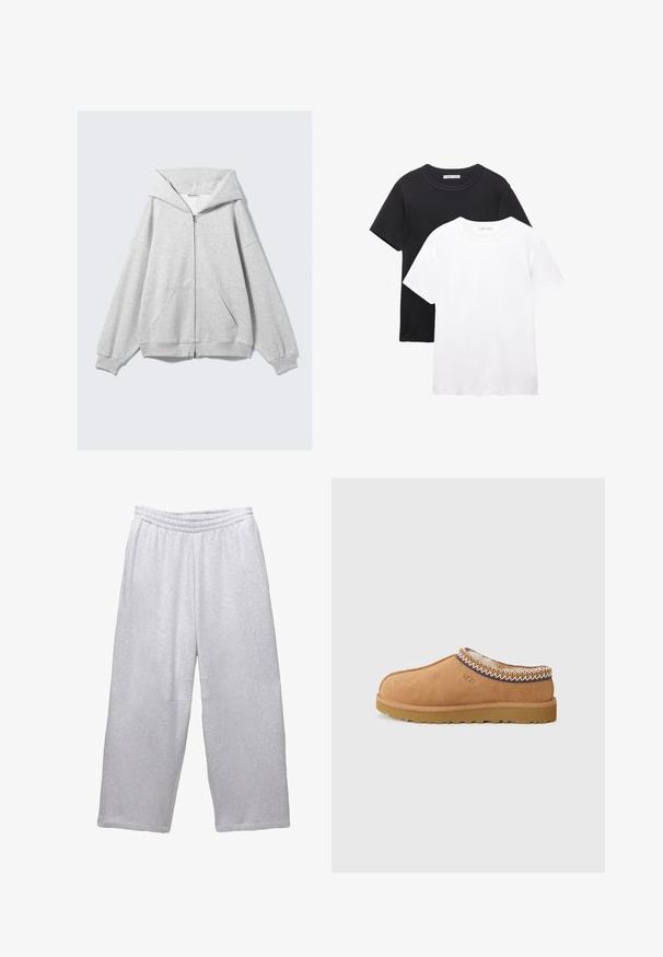 Sivá mikina na zips, vyrobená z mäkkej tkaniny, s veľkou kapucňou, dlhými rukávmi a prednými vreckami. Uvoľnený strih s rebrovanými manžetami a spodným lemom.; Dve tričká s okrúhlym výstrihom, jedno čierne a jedno biele. Vyrobené z mäkkej bavlny, s krátkymi rukávmi a jednoduchým, klasickým dizajnom.; Svetlé šedé voľné tepláky s elastickým pásom a šitými švami na bielom pozadí.; Béžové semišové slip-on topánky s textúrovanou vlnenou podšívkou a dekoratívnym etnickým šitím okolo goliera. Majú gumovú podrážku.
