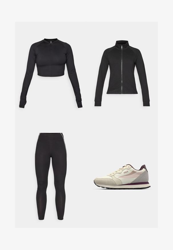 Melna zipa jaka ar augstu apkakli, garām raglanu piedurknēm, izgatavota no gludas auduma, ar minimālu zīmolu uz krūtīm.; Melna, īsa, garo piedurkņu krekls ar augstu apkakli un priekšējo rāvējslēdzēju, izgatavots no gludas, elastīgas auduma; pieguļošs fasona ar raglanu piedurknēm.; Melnas legingas, kas izgatavoti no elastīga materiāla ar augstu jostasvietu. Iezīmē balti sānu svītras un gludu tekstūru visā virsmā.; Krēma un gaiši pelēku sporta apavu ar teksturētu virsmu, ar rozā un bordo akcentiem, kurus var piesiet, un melnu gumijas zolīti.