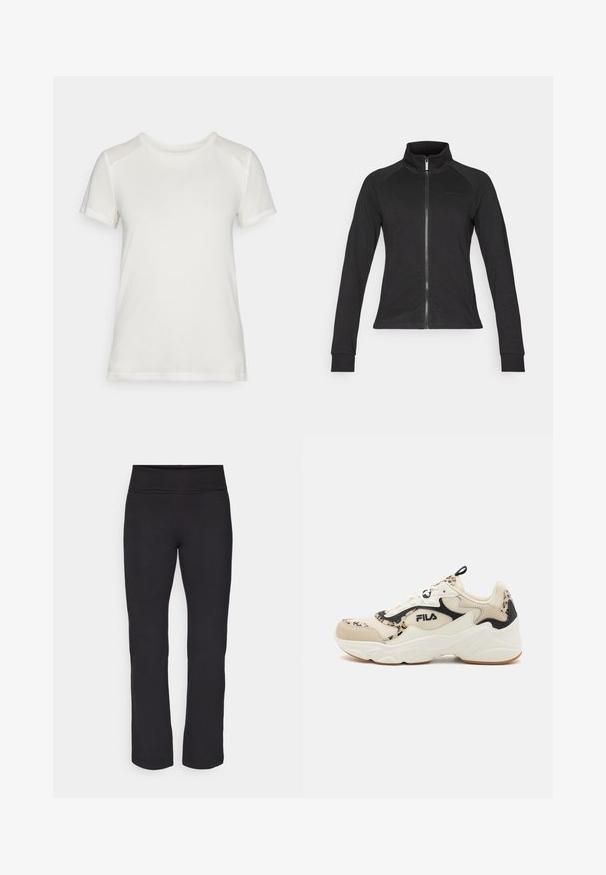 Black zip-up jacket with a high collar, long raglan sleeves, made from a smooth fabric, featuring minimal branding on the chest.; White short-sleeve t-shirt made of soft fabric, featuring a round neckline and a relaxed fit with smooth, seamless shoulder accents.; Black leggings with a smooth, stretchy fabric and a wide waistband. They have straight, full-length legs and no visible patterns or accents.; Beige and black athletic shoe with a textured upper, patterned accents, cushioned sole, and laces. Fila logo visible on the side.