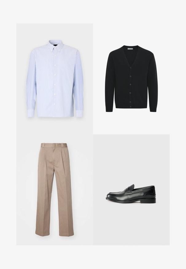 Melnā džempera jaka no mīksta dzijas auduma, ar V-veida kakla izgriezumu, garām piedurknēm un sešām priekšējām pogām. Ribota piedurkņu un apakšdaļas apdare.; Gai zilgani un baltu svītru ilgām piedurknēm krekls ar pogām uz apkakles un baltajām pogām. Gluda auduma, ar brīvu piegriezumu.; Beige, augstās jostas bikses ar plaša kāju dizainu. Ar diviem priekšējiem krokām un gludu tekstūru. Standarta garums ar tīru apdari.; Melnas ādas loafers ar gludu apdari, izšūtiem detaļām pa vampu un nedaudz paceltu papēdi.