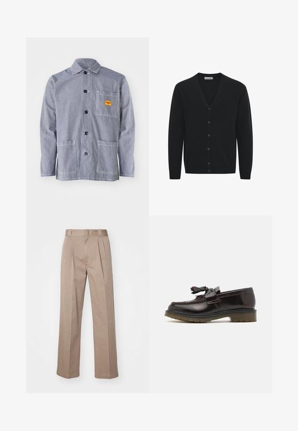 Zwarte cardigan van zachte gebreide stof, met een V-hals, lange mouwen en zes knopen aan de voorkant. Geribde manchetten en onderrand.; Gestreepte werkjas in marineblauw en wit, met een knoopsluiting aan de voorkant, kraag, borstzak met een geel label en twee voorkezen.; Beige, hoge taille broek met een wijde pijpontwerp. Bevat twee voorplooien en een soepele textuur. Standaard lengte met een nette afwerking.; Bruine leren instappers met een geweven ontwerp, een kwastje en een platte rubberen zool. Beschikt over een gladde afwerking en contrasterende stiksels.