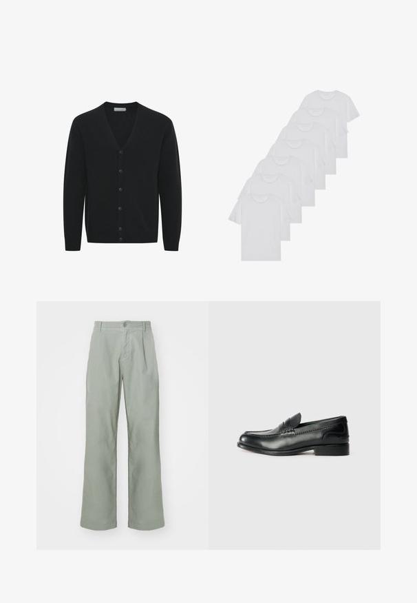 Must värvi kardigan pehmest kudumist, V-kaelusega, pikkade varrukatega ja kuue esinupuga. Ribakujundusega mansetid ja alläär.; Valge puuvillane T-särk, lühikeste varrukatega, ümar neel, ühtlane tekstuur, reastatud kuhjale, kaeluses peene brändinguga.; Heledad rohelised, laia säärega püksid, mis on valmistatud pehmest puuvillast. Omavad nupuga kinnitust ja esiseid voldikuid. Lihtne, ilma kaunistusteta disain.; Mustad mustad nahast loafers, mis on kaunistatud sileda viimistluse, õmblusdetailide ja veidi kõrgendatud kannaga.