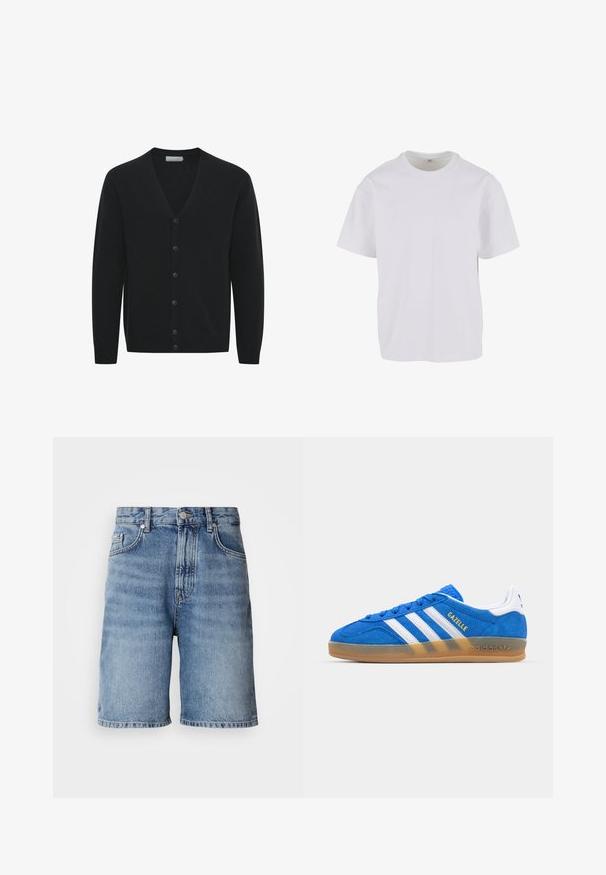 Mustapooloinen neuletakki pehmeästä neuloksesta, jossa on V-pääntie, pitkät hihat ja kuusi etupainiketta. Ribatut hihat ja helma.; Valkoinen lyhythihainen T-paita, joka on valmistettu pehmeästä puuvillasta. T-paidassa on pyöreä kaula-aukko ja rento istuvuus sekä suora helma. Ei näkyviä kuvioita tai yksityiskohtia.; Vaaleansiniset farkkushortsit, joissa on keskimittainen vyötärö, viisi taskua ja suora leikkaus. Haalistunut pesu, jossa on hienovaraisia kulutuksia edessä.; Sininen mokkanahka sneakeri, jossa on valkoiset raidat ja "Gazelle"-teksti. Varustettu kumipohjalla ja teksturoiduilla yksityiskohdilla päälliosassa. Klassisella muotoilulla.