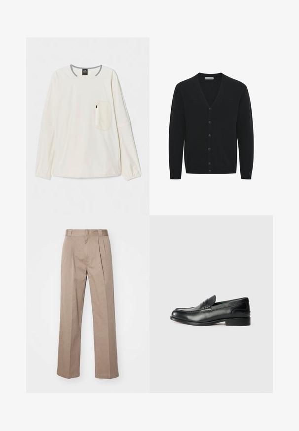 Cardigan noir en tissu tricoté doux, avec un col en V, des manches longues et six boutons à l'avant. Poignets et ourlet côtelés.; Chemise à manches longues en tissu blanc cassé avec un col et des accents gris. Présente une poche poitrine à fermeture éclair. Texture douce.; Pantalons beiges taille haute avec une coupe large. Comprend deux plis à l'avant et une texture lisse. Longueur standard avec une finition soignée.; Mocassins en cuir noir avec une finition lisse, des détails cousus sur le devant et un talon légèrement surélevé.