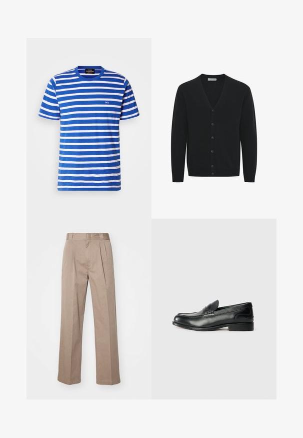 Fekete kardigán puha kötött anyagból, V-nyakkal, hosszú ujjal és hat elülső gombbal. Bordás mandzsetták és szegély.; Kék és fehér csíkos pamut póló. Kerek nyakkivágással és egy kis "MN" logóval a mellkason, rövid ujjú.; Beige, magas derekú, széles lábú nadrág. Két elülső redővel és sima textúrával rendelkezik. Normál hosszúságú, tiszta kivitelezéssel.; Fekete bőr mokaszinok sima felülettel, varrott részletekkel a lábfej részen és kissé megemelt sarokkal.