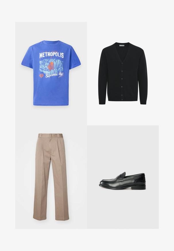Melnā džempera jaka no mīksta dzijas auduma, ar V-veida kakla izgriezumu, garām piedurknēm un sešām priekšējām pogām. Ribota piedurkņu un apakšdaļas apdare.; Zila kokvilnas T-krekls ar īsām piedurknēm. Uzraksts ar Metropolis debesskrāpju skatu un Superman logo baltā un oranžā krāsā. Ar apaļu kakla izgriezumu.; Beige, augstās jostas bikses ar plaša kāju dizainu. Ar diviem priekšējiem krokām un gludu tekstūru. Standarta garums ar tīru apdari.; Melnas ādas loafers ar gludu apdari, izšūtiem detaļām pa vampu un nedaudz paceltu papēdi.