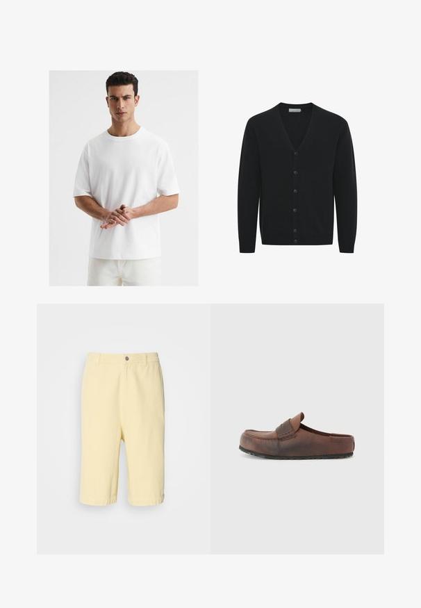 Fekete kardigán puha kötött anyagból, V-nyakkal, hosszú ujjal és hat elülső gombbal. Bordás mandzsetták és szegély.; Fehér pamut póló kerek nyakkal, rövid ujjal, laza szabással és sima textúrával. Nincsenek látható minták vagy díszítések.; Sárga pamut rövidnadrág, egyenes szabással, elöl gombos záródással és felgöngyölt szegéllyel. Simább tapintású, laza dizájn.; Barna bőr slip-on cipő, lekerekített orral, díszvarrással és texturált gumitalppal. Egyszerű dizájn és minimális kiegészítők.