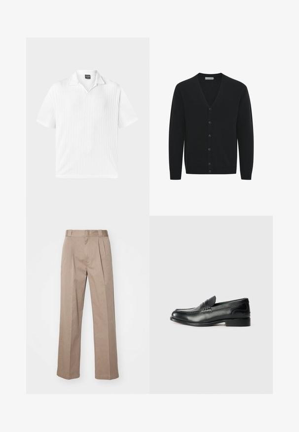 Juodas kardiganas iš minkštos megztinės medžiagos, su V formos iškirpte, ilgomis rankovėmis ir šešiais priekiniais mygtukais. Raštuotos rankogaliai ir apačia.; Trumpas rankovės, baltas polo marškinėliai, pagaminti iš tekstūruotos medžiagos su vertikaliomis raukšlėmis; turi klasikinį apykaklę ir tiesų apdailą.; Bežiniai, aukštu liemeniu kelnių modeliai su plačiomis kojomis. Juose yra dvi priekinės raukšlės ir lygi tekstūra. Standartinio ilgio su švariu apdailu.; Juodos odinės loafer tipo bateliai su lygiu paviršiumi, siuvinėjimu per priekį ir šiek tiek pakelta pakulne.