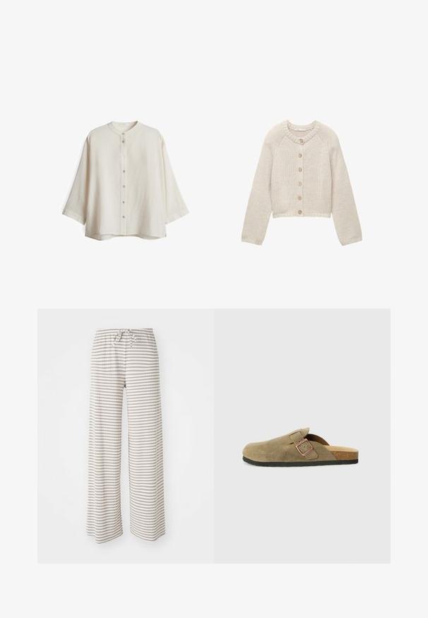 Beige gestrickte Strickjacke mit langen Ärmeln und fünf Holzknöpfen auf der Vorderseite, runder Halsausschnitt sowie gerippte Bündchen und Saum.; Hellbeige übergroßes Shirt mit rundem Ausschnitt, Knopfverschluss vorne und Dreiviertelärmeln. Weicher, strukturierter Stoff mit lockerer Passform.; Weite Hose aus leichtem Stoff mit horizontalen Streifen in Beige und Weiß. Elastischer Taillenbund mit Kordelzug.; Wildleder-Hausschuh im Clog-Stil in Olivgrün mit schmalem Riemen und Metall-Schnallen-Detail. Verfügt über ein Kork-Fußbett und eine schwarze Gummisohle.