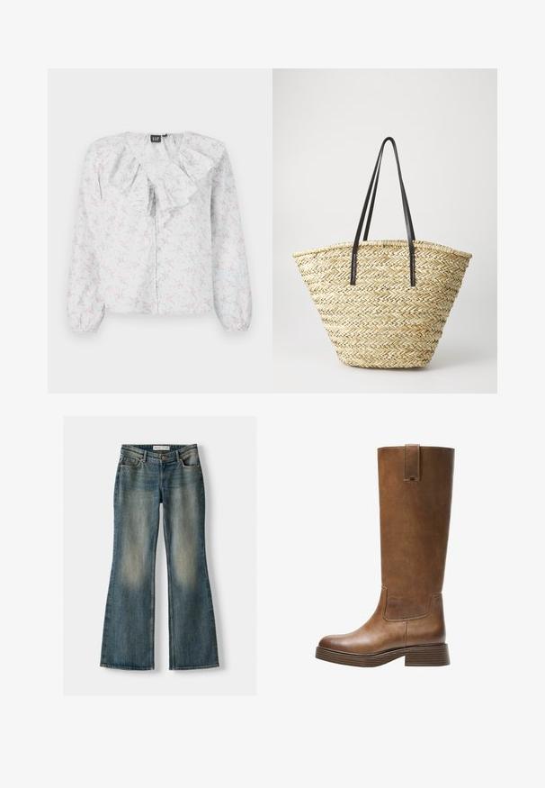 Vaalea neulecardigan, jossa on pitkät hihat ja viisi puista nappia edessä. Rundikaula-aukko sekä ribbireunat hihansuissa ja helmassa.; Valkoinen paita, jossa on röyhelökaulus, kukkakuosi vaaleanpunaisena ja sinisenä, pitkät hihat ja nappisuljenta edessä. Kevyt, tekstuuri materiaali.; Siniset leveälahkeiset farkut, joissa on haalistunut pesu, viisi taskua ja nappikiinnitys. Materiaalissa on farkkukangas, jossa on hienovaraisia ompeluyksityiskohtia.; Kahvipronssinen polvipituinen saapas, jossa on pyöristetty kärki, teksturoitu pinta ja matala pinoheijastin. Varressa on sivupaneeli ja vetotappi ylhäällä.; Kudottu oljetta oleva käsilaukku, jossa on leveä, kapeneva muoto ja kaksi mustaa nahkahihnaa. Luonnollinen beige väri, joka on teksturoidulla pinnalla.