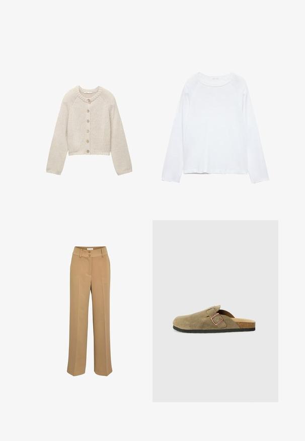 Vaalea neulecardigan, jossa on pitkät hihat ja viisi puista nappia edessä. Rundikaula-aukko sekä ribbireunat hihansuissa ja helmassa.; Valkoinen pitkähihaista paita, jossa on pyöreä pääntie, valmistettu kevyestä kankaasta. Ominaisuuksiin kuuluvat raglan-hihat ja rento istuvuus. Sujuva pinta, ei kuvioita.; Vaaris leveät housut, joissa on sileä pinta, kaksipainikehakas ja sivutaskut. Litteä etuosa, jossa on puristettua taitetta.; Oliivinvihreä mokkainen klompsutyylinen tohveli, jossa kapea remmi ja metallisolki. Sisältää korkkipohjan ja mustan kumipohjan.