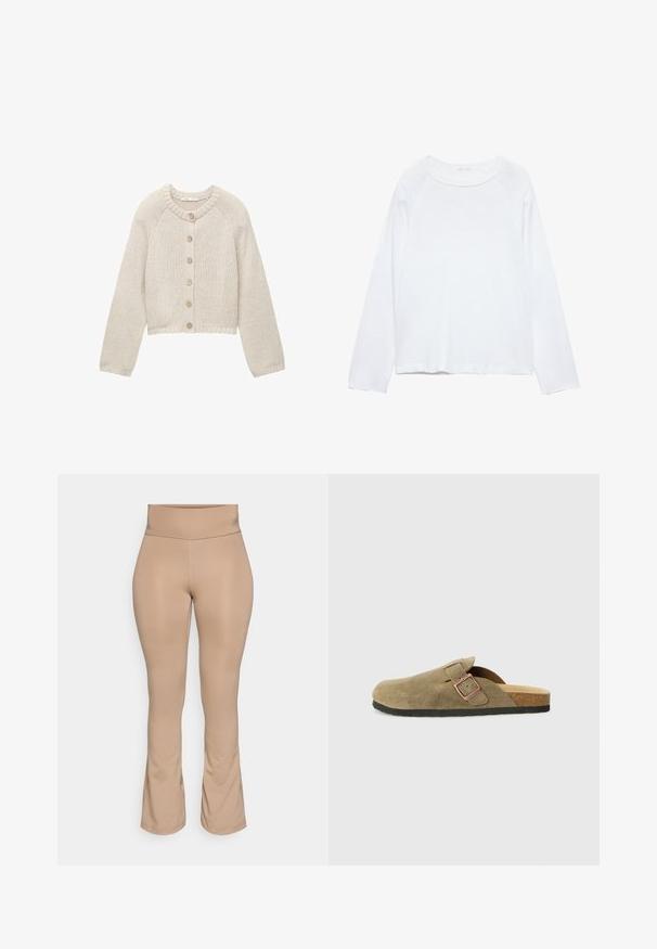 Beige strikket cardigan med lange ærmer og fem træknapper foran, med en rund halsudskæring og ribbede manchetter og kant.; Hvid langærmet top med rund halsudskæring, lavet af letvægtsstof. Har raglanærmer og en afslappet pasform. Glat tekstur, ingen mønstre.; Naturlige farvede leggings med høj talje, flagrende kant, glat tekstur og uden synlige mønstre eller hardware detaljer.; Ruskindssko i træsko-stil i olivengrøn med en smal rem og metalspænde. Har en korksål og sort gummisål.