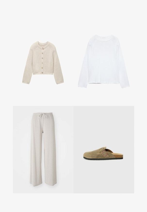 Béžový pletený cardigan s dlouhými rukávy a pěti dřevěnými knoflíky vpředu, s kulatým výstřihem a žebrovanými manžetami a lemem.; Bílý dlouhý rukáv top s kulatým výstřihem, vyrobený z lehké látky. Obsahuje raglánové rukávy a volný střih. Hladká textura, bez vzorů.; Pánské široké kalhoty z lehkého materiálu, s vodorovnými pruhy v béžové a bílé barvě. Elastický pas s šňůrkovým uzávěrem.; Semišová pantofle ve stylu dřeváků v olivově zelené barvě s úzkým páskem a kovovou přezkou. Má korkovou stélku a černou gumovou podrážku.