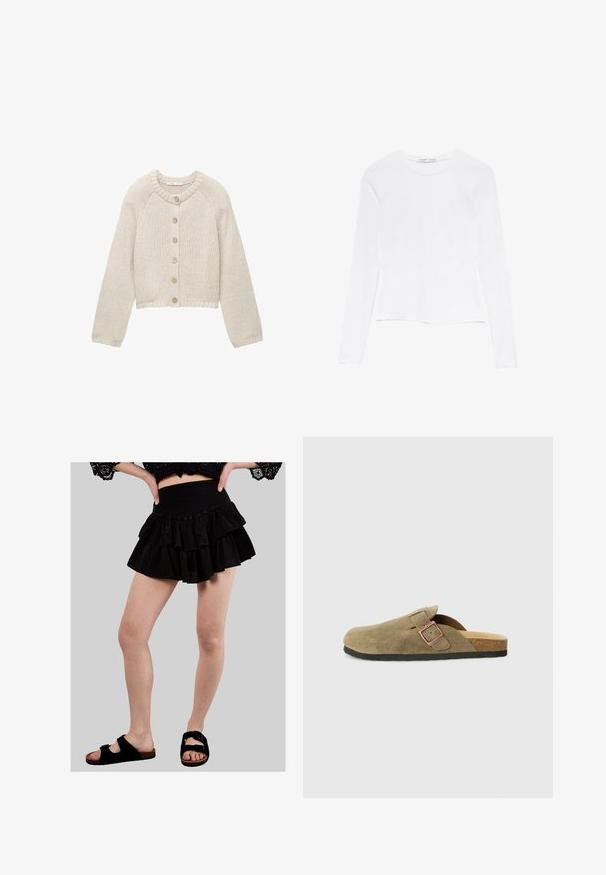 Beżowy sweter z dzianiny z długimi rękawami i pięcioma drewnianymi guzikami z przodu, z okrągłym dekoltem oraz ściągaczami przy rękawach i u dołu.; Biała bluzka z długim rękawem i okrągłym dekoltem. Posiada dopasowany krój, gładką fakturę materiału oraz lekko skróconą długość.; Czarna, warstwowa spódnica z falbanami i gumką w pasie, wykonana z lekkiego materiału. Połączona z czarnymi sandałami z dwoma regulowanymi paskami.; Zamszowy klapek w stylu chodaka w oliwkowej zieleni z wąskim paskiem i metalową klamrą. Posiada korkową wkładkę i czarną gumową podeszwę.