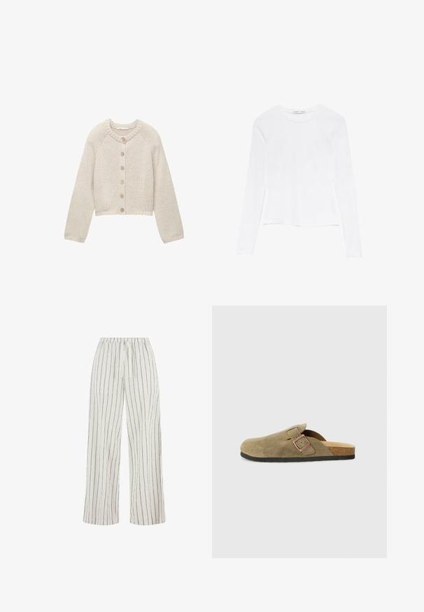 Beige gestrickte Strickjacke mit langen Ärmeln und fünf Holzknöpfen auf der Vorderseite, runder Halsausschnitt sowie gerippte Bündchen und Saum.; Weißes Langarmoberteil mit Rundhalsausschnitt. Hat ein enganliegendes Design, eine glatte Stoffoberfläche und einen leicht gekürzten Saum.; Weiße, weit geschnittene Hosen mit vertikalen schwarzen Streifen, elastischem Bund und strukturiertem Stoff. Das Design bietet eine legere, entspannte Passform.; Wildleder-Hausschuh im Clog-Stil in Olivgrün mit schmalem Riemen und Metall-Schnallen-Detail. Verfügt über ein Kork-Fußbett und eine schwarze Gummisohle.