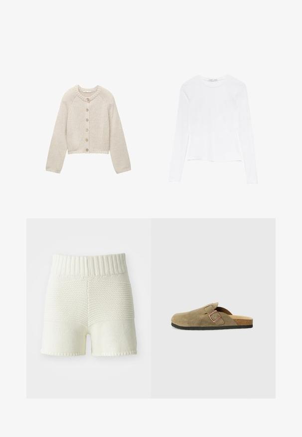 Cardigan tricotat bej cu mâneci lungi și cinci nasturi din lemn pe față, având un guler rotund și manșete și tiv ribbrate.; Top alb cu mâneci lungi și guler rotund. Are un design ajustat, textură de material neted și un tiv ușor scurt.; Pantaloni scurți din tricot de culoare albă murdară, cu o talie ripsată, prezentând un contrast de textură între secțiunile superioară și inferioară, cu margini tivite.; Papuci de tip saboți din piele întoarsă, de culoare verde măsliniu, cu o curea îngustă și detaliu cu cataramă metalică. Are o talpă interioară din plută și talpă exterioară din cauciuc negru.