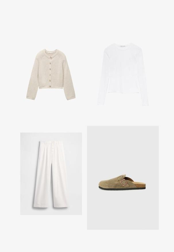 Beżowy sweter z dzianiny z długimi rękawami i pięcioma drewnianymi guzikami z przodu, z okrągłym dekoltem oraz ściągaczami przy rękawach i u dołu.; Biała bluzka z długim rękawem i okrągłym dekoltem. Posiada dopasowany krój, gładką fakturę materiału oraz lekko skróconą długość.; Białe spodnie o szerokich nogawkach wykonane z gładkiego materiału, z wysokim stanem, widocznym zapięciem na guzik z przodu oraz starannym wykończeniem szwów.; Zamszowy klapek w stylu chodaka w oliwkowej zieleni z wąskim paskiem i metalową klamrą. Posiada korkową wkładkę i czarną gumową podeszwę.