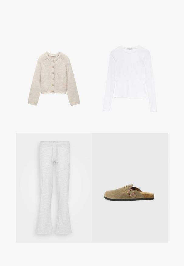 Bežani pleteni kardigan s dugim rukavima i pet drvenih dugmadi sprijeda, s okruglim izrezom i rebrastim manžetama i rubom.; Bijela majica dugih rukava s okruglim izrezom. Ima uski kroj, glatku teksturu tkanine i malo skraćeni rub.; Svijetlosive hlače od flisa sa širokim nogavicama izrađene su od mekog materijala. Imaju elastičnu struk i vezicu. Glatka tekstura, bez vidljivih uzoraka.; Papuča u stilu drvene klompe od brušene kože maslinasto zelene boje s uskim remenom i ukrasom metalne kopče. Ima pluto taban i crni gumeni potplat.