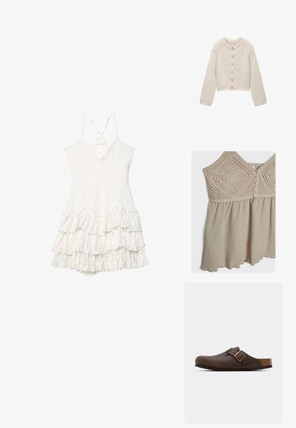 Vaalea neulecardigan, jossa on pitkät hihat ja viisi puista nappia edessä. Rundikaula-aukko sekä ribbireunat hihansuissa ja helmassa.; Vaaleanbeige mekko, jossa on teksturoitu virkkauspinta ja kootut helmat. Lisäosissa on nappisuljenta ja aaltoileva helma. Pehmeä ja laskeutuva kangas.; Valkoinen hihaton pitsimekko, jossa on V-pääntie, säädettävät ohuet hihnat ja kerroksellinen röyhelöhame.; Ruskea nahkakengät, joissa on leveä hihna ja kuparinen solki. Kengät sisältävät teksturoitua korkkijalatukea ja paksun mustan kumipohjan.; PULL&BEAR Shopping bag - mottled dark brown
