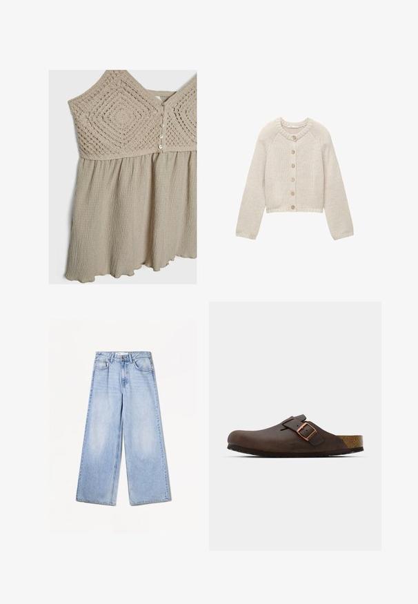 Béžový pletený cardigan s dlouhými rukávy a pěti dřevěnými knoflíky vpředu, s kulatým výstřihem a žebrovanými manžetami a lemem.; Světle béžové šaty s texturovaným háčkovaným korzetem a nařasenou sukní. Vkládací části mají knoflíkové zapínání a zvlněný lem. Měkká, vzdušná látka.; Bershka WIDE-LEG - Wide leg - light-blue denim; Hnědá kožená dřeváček s širokým popruhem a měděnou sponou, s texturovanou korkovou stélkou a silnou černou gumovou podrážkou.