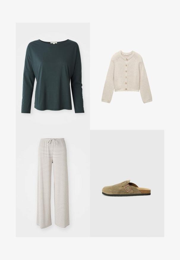 Bež pletena jopica z dolgimi rokavi in petimi lesenimi gumbi spredaj, z okroglim izrezom ter rebrastimi manšetami in obrobo.; Temno teal dolgi rokavi sproščene majice z ladijskim izrezom na belem ozadju, velikost majhna, mehak in lahek material.; Široke hlače iz lahkega materiala, ki imajo horizontalne stripe v bež in beli barvi. Elastičen pas z vrvico za zapiranje.; Copatarski copat iz semiša v olivno zeleni barvi z ozkim trakom in detajlom iz kovinske sponke. Ponaša se z nogavnim vložkom iz plute in črnim gumijastim podplatom.