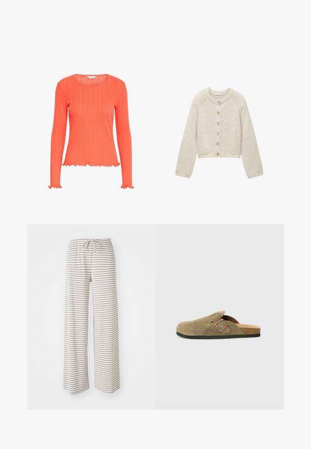 Beige gebreide cardigan met lange mouwen en vijf houten knopen aan de voorkant, met een ronde halslijn en geribbelde manchetten en zoom.; Koraalvormige top met lange mouwen en ribbelstructuur. Heeft een ronde halslijn en gerimpelde randen bij de mouwen en onderkant. Lichtgewicht stof.; Wijdvallende broek van lichtgewicht stof, met horizontale strepen in beige en wit. Elastische tailleband met trekkoordsluiting.; Suède pantoffel in klompstijl in olijfgroen met een smalle band en metalen gesp. Voorzien van een kurkvoetbed en zwarte rubberen zool.