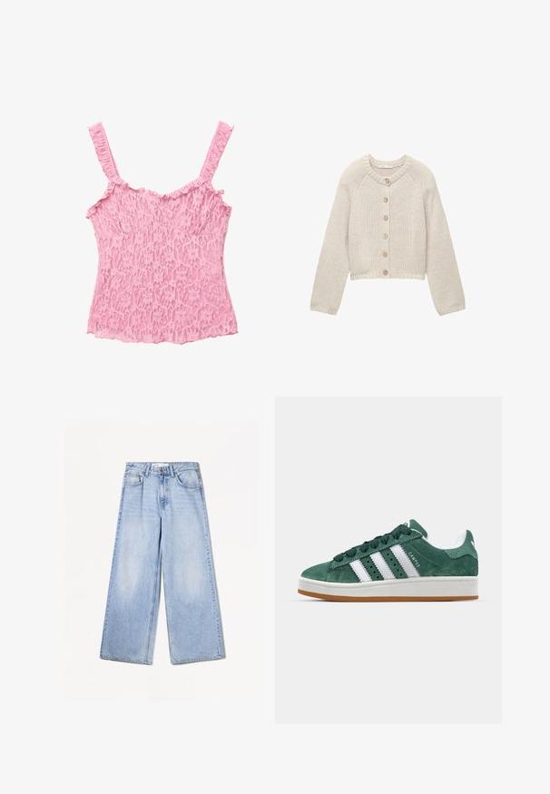 Béžový pletený cardigan s dlouhými rukávy a pěti dřevěnými knoflíky vpředu, s kulatým výstřihem a žebrovanými manžetami a lemem.; Krajkový top s tenkými, volánkovými ramínky v světle růžové barvě. Disponuje květinovými vzory a texturovaným povrchem, s přiléhavým střihem a vlnkovým lemem.; Bershka WIDE-LEG - Wide leg - light-blue denim; Zelené semišové tenisky s bílými koženými pruhy, gumovou podrážkou, polstrovaným límcem a minimalistickým designem. Na boku se nachází logo značky.