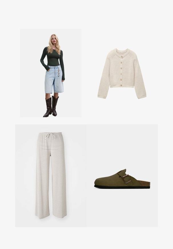 Vaalea neulecardigan, jossa on pitkät hihat ja viisi puista nappia edessä. Rundikaula-aukko sekä ribbireunat hihansuissa ja helmassa.; Tummanvihreä pitkähihaisuus yläosa yhdistettynä vaaleansinisiin farkkubermuda-shortseihin ja ruskeisiin cowboy-kenkiin, shortseissa koristeellinen viehe.; Hameet leveillä lahkeilla kevyestä kankaasta, jossa on vaakasuoria beigeja ja valkoisia raitoja. Kuminauhavyötärö, jossa on nyörisuljenta.; Olivi vihreä liukusovitin, jossa on leveä säädettävä hihna ja pronssinen solki, korkkipohja ja musta kumipohja.